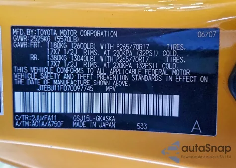 2007 Toyota Fj Cruiser z USA, uszkodzony, nr VIN JTEBU11F070097745